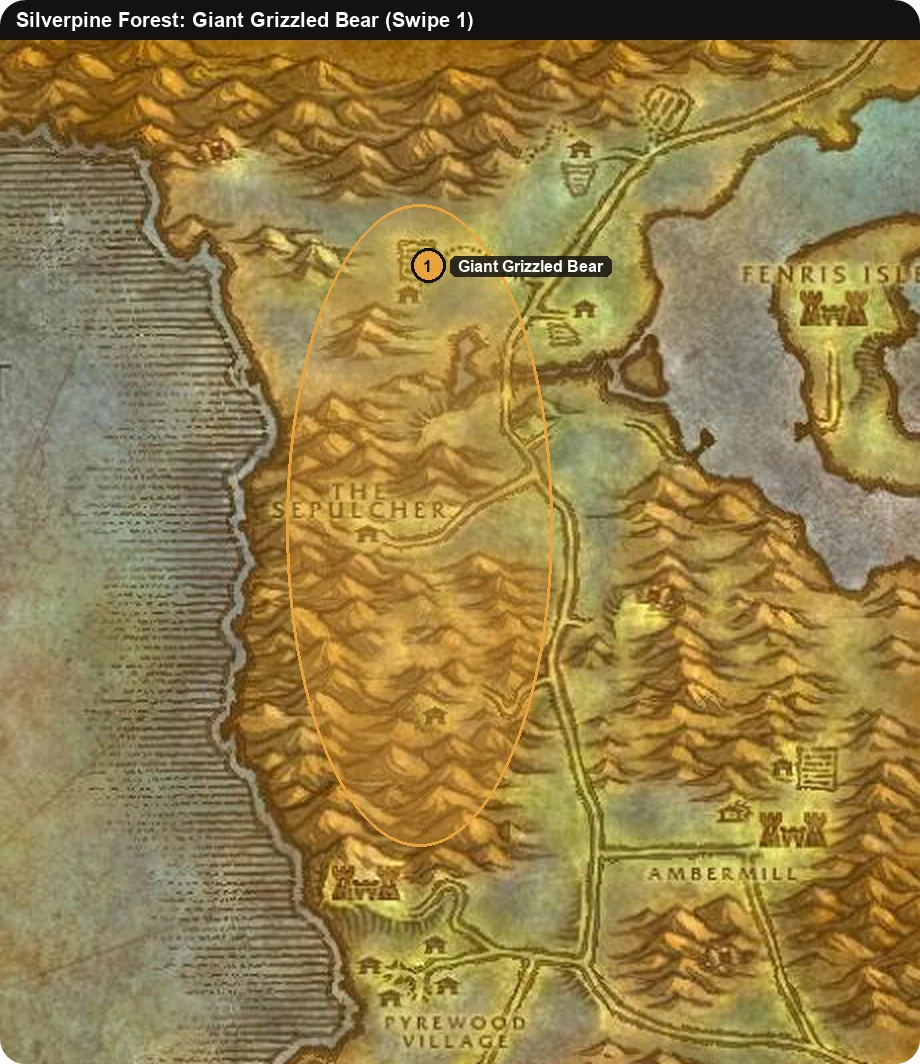 Silverpine Forest map with the Giant Grizzled Bear area in WoW Forever