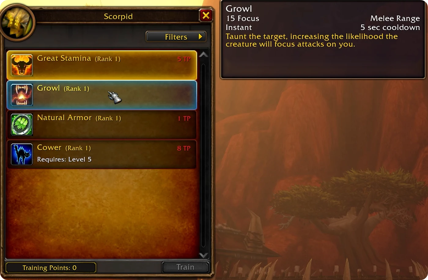 Beast Training window in WoW Forever with training point costs for Great Stamina, Growl, Natural Armor and Cower