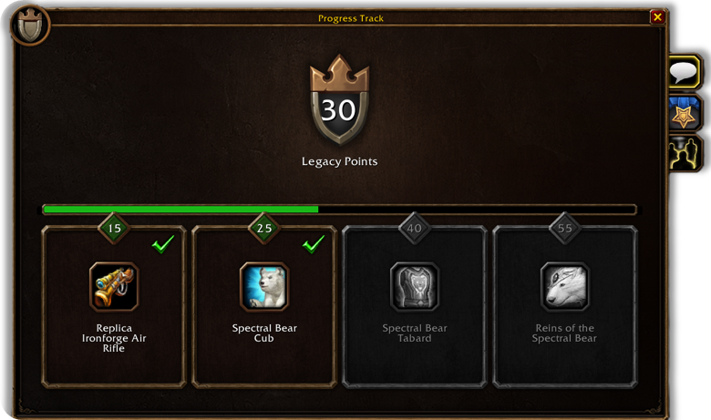 WoW Forever Legacy Progress Track with Spectral Bear rewards at 15, 25, 40 and 55 points