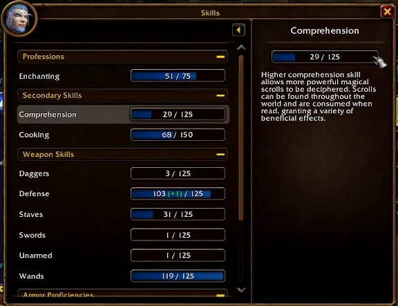 Fertigkeit Verständnis auf 29/125 im Fertigkeitenfenster eines Magiers der Stufe 25 in WoW Forever