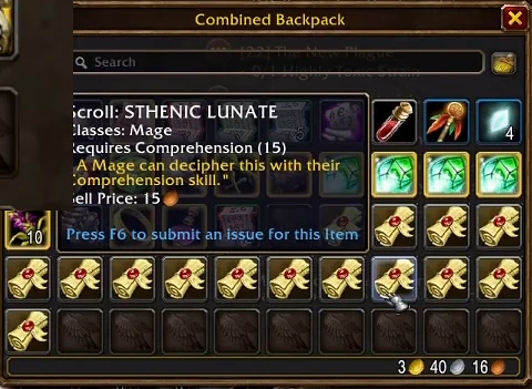 Tasche voller unentzifferter Schriftrollen STHENIC LUNATE mit der Zauberleiste von Schriftrolle verstehen in WoW Forever
