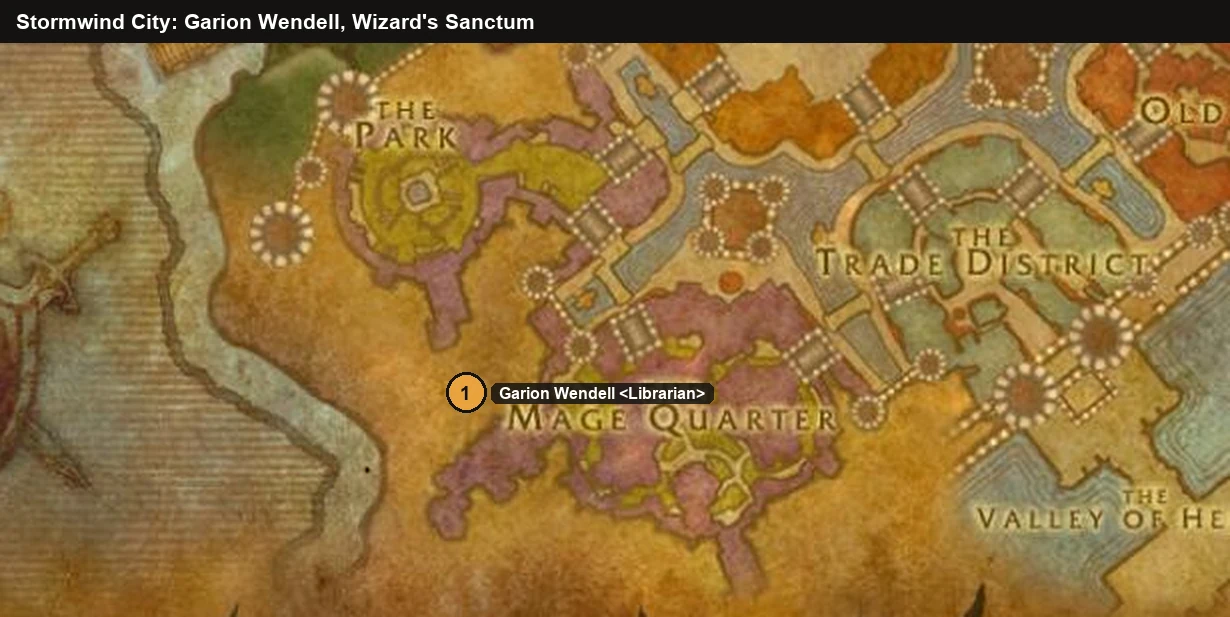 Karte von Sturmwind mit dem Bibliothekar Garion Wendell im Wizard's Sanctum, Magierviertel