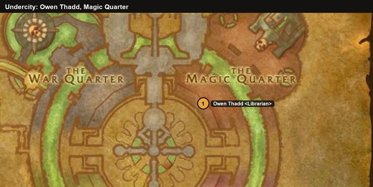 Karte von Undercity mit dem Bibliothekar Owen Thadd im inneren Ring des Magieviertels