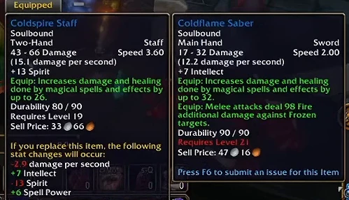 Tooltip des Kaltflammensäbels in WoW Forever neben einem angelegten Coldspire Staff
