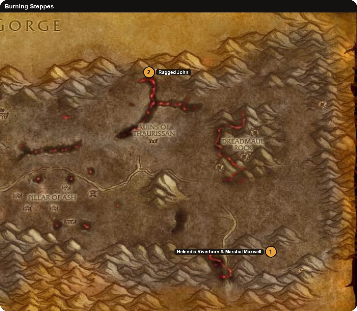 Karte der Brennenden Steppe mit Helendis Riverhorn, Marshal Maxwell und Struppiger John für die Onyxia-Einstimmung in WoW Forever