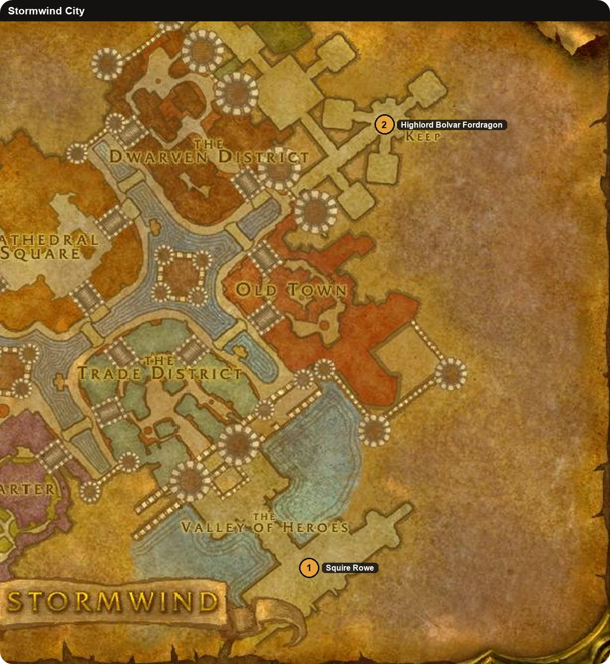 Karte von Stormwind mit Knappe Rowe am Stadttor und Hochlord Bolvar Fordragon in der Burg von Stormwind