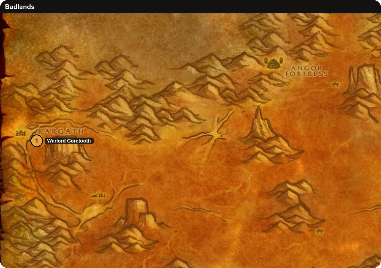 Karte des Ödlands mit Kriegsherr Goretooth in Kargath, Start der Onyxia-Einstimmung der Horde