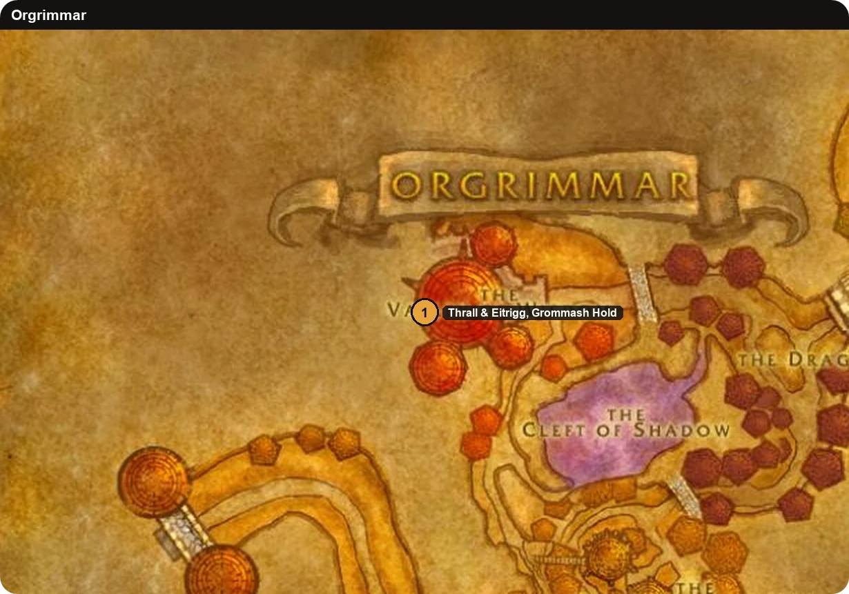 Karte von Orgrimmar mit Thrall und Etrigg in Thralls Halle