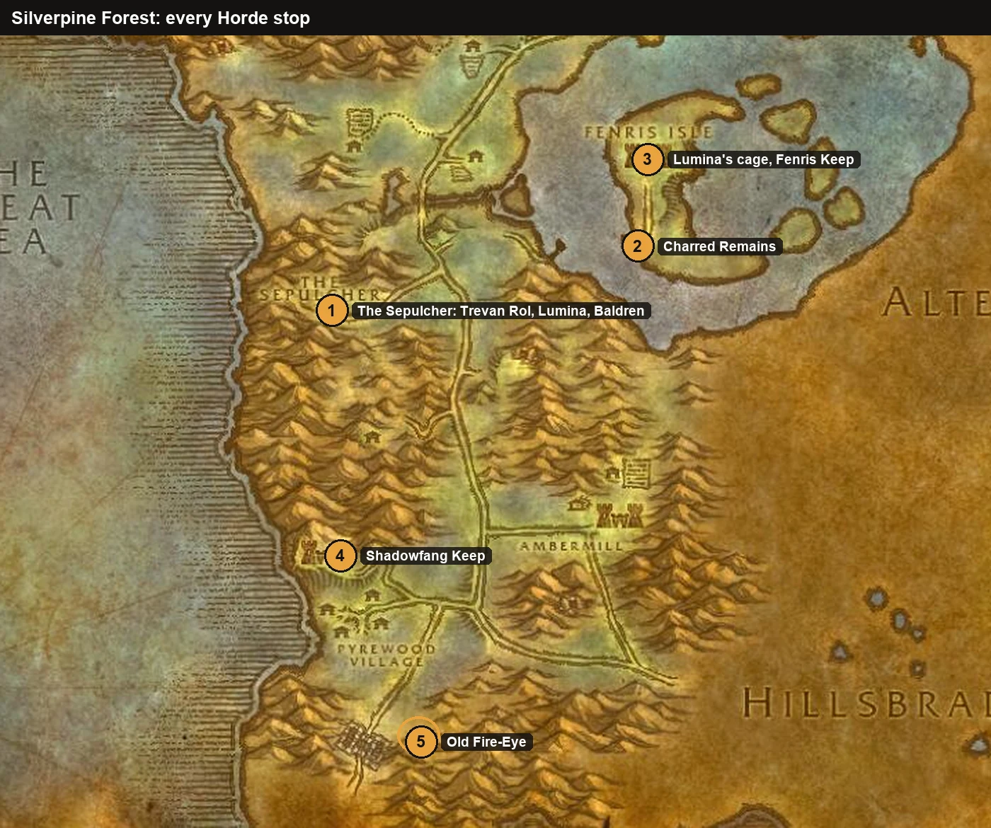 WoW Forever Paladin-Waffenquest Karte des Silberwalds: das Grabmal, die Insel Fenris, Burg Shadowfang und Feuerauge der Alte