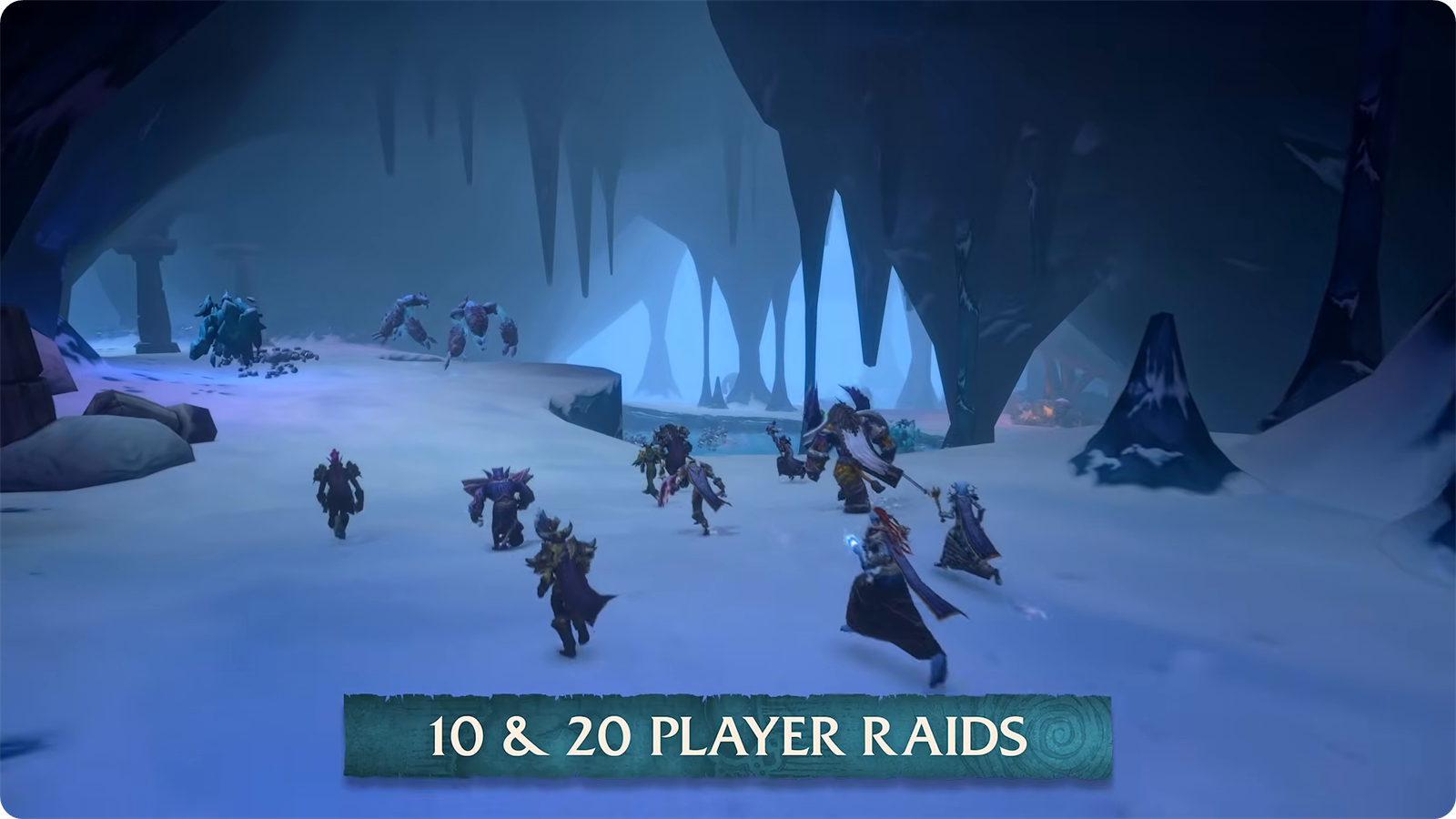 A raid group running through an icy cavern in the WoW Forever gameplay trailer