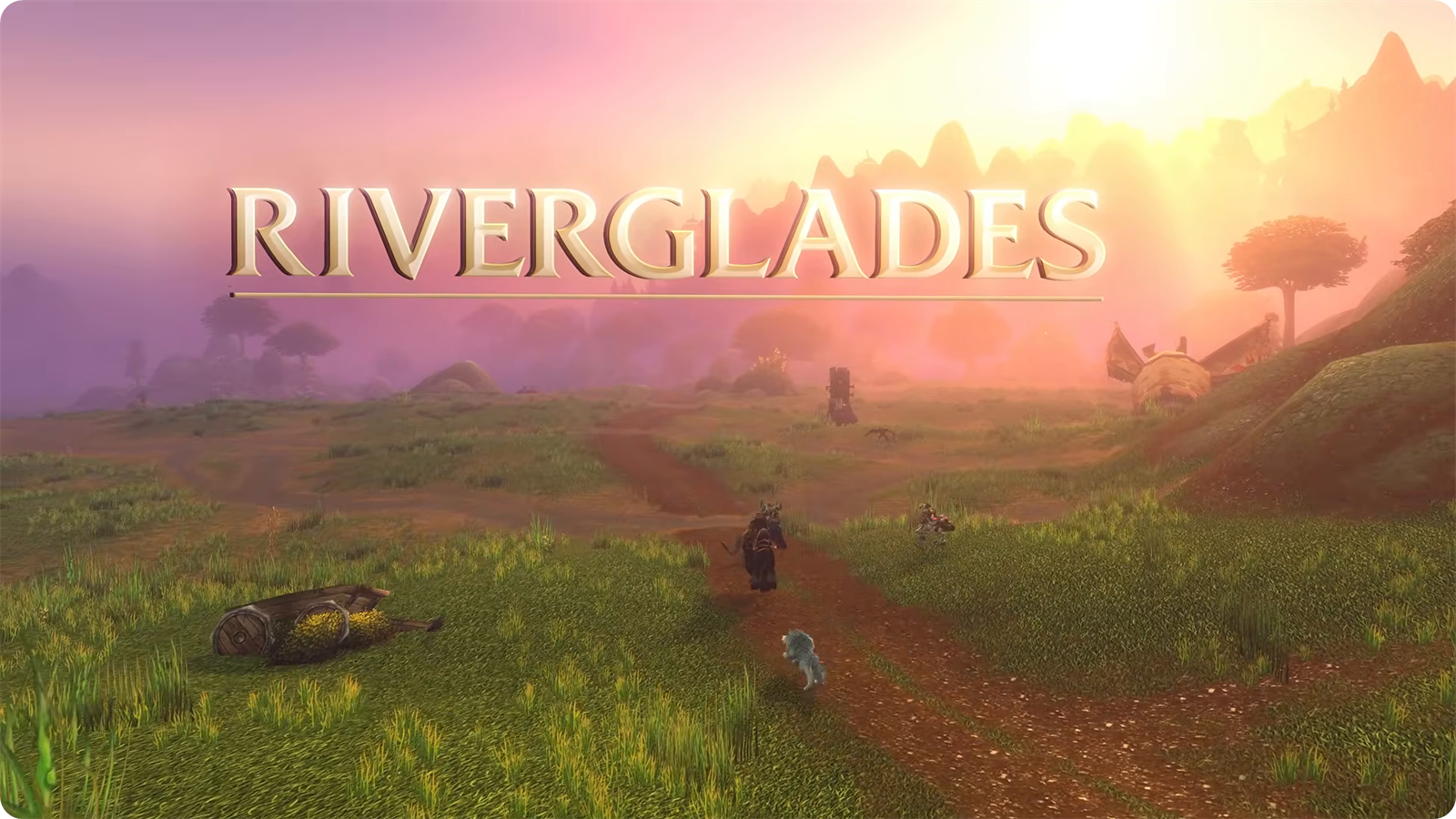 The Riverglades title card over grasslands in the WoW Forever gameplay trailer