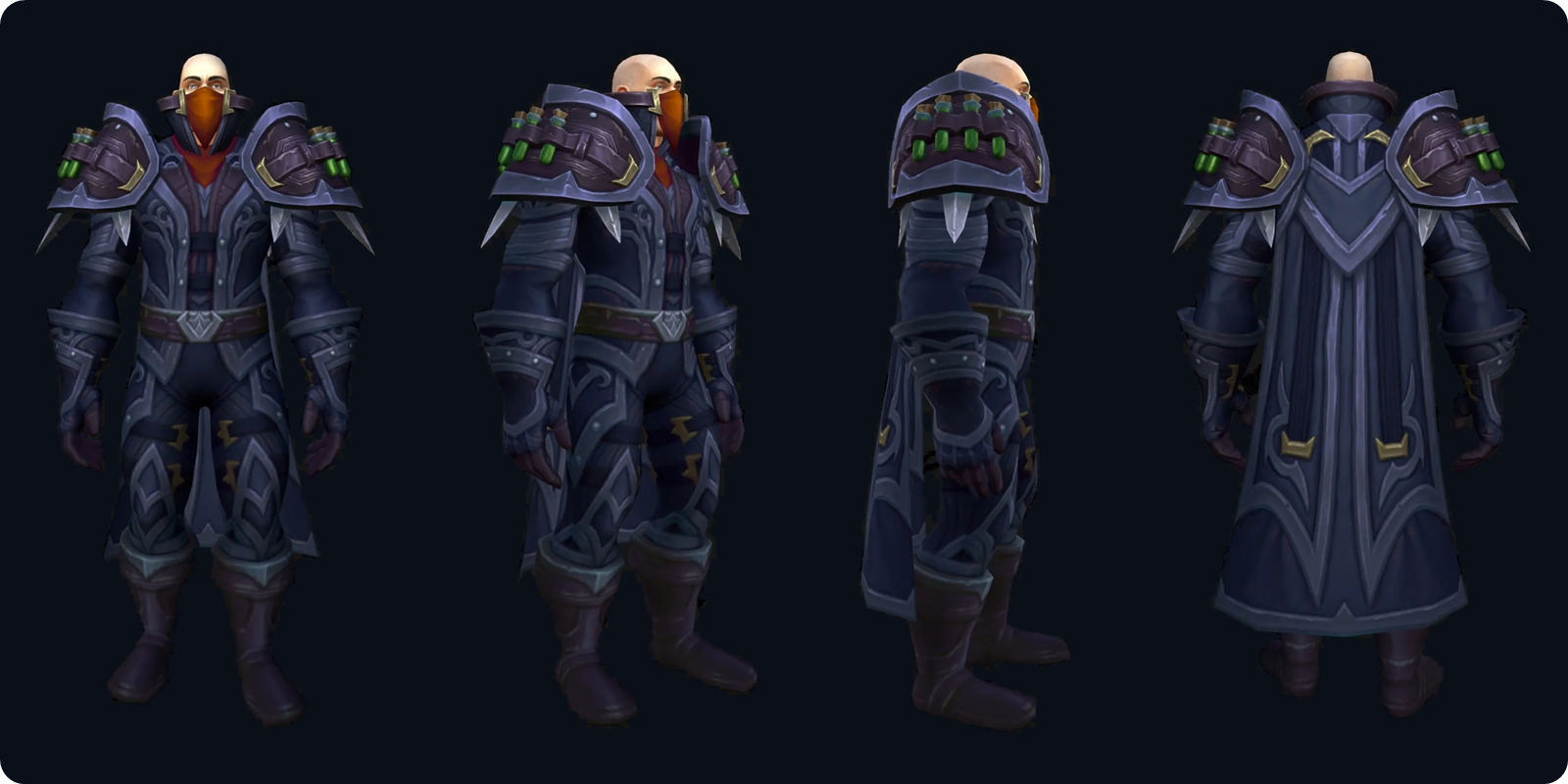 WoW Forever Rogue tier set, navy with an orange mask version