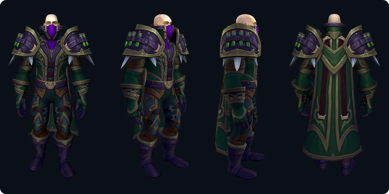 WoW Forever Rogue tier set, green with a purple mask version