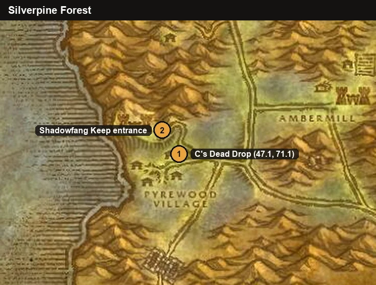 Karte des Silberwalds mit Cs totem Briefkasten nahe Pyrewood Village und dem Eingang zu Burg Shadowfang