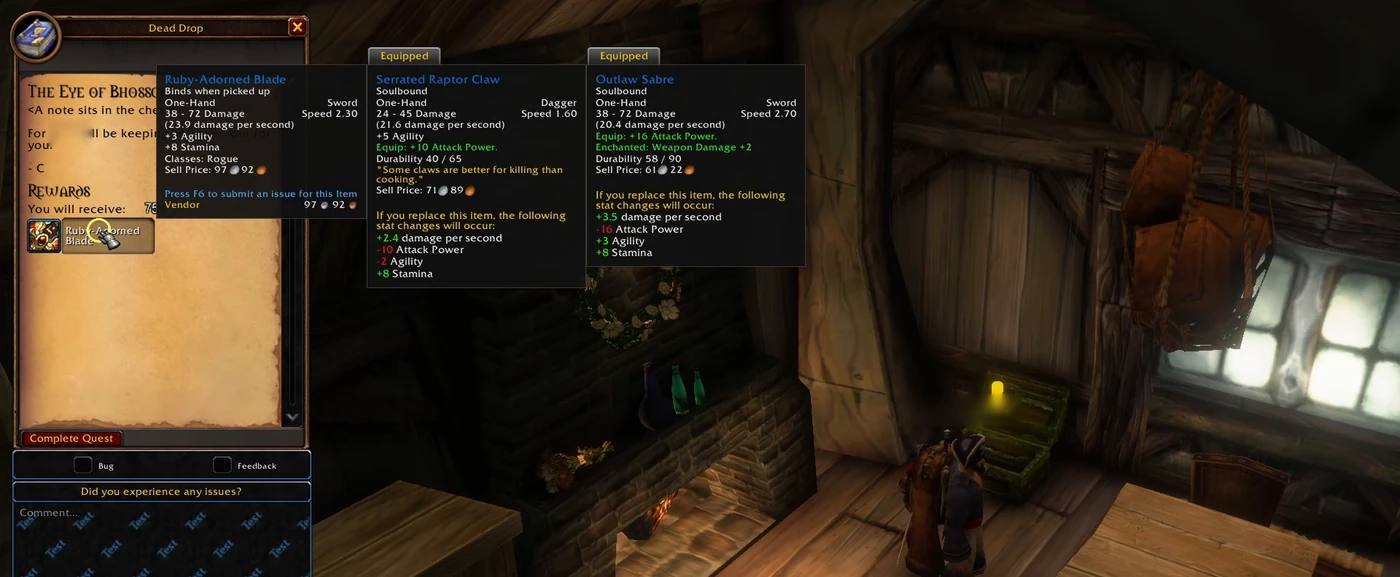 Tooltip der Rubingeschmückten Klinge im Vergleich mit Serrated Raptor Claw und Outlaw Sabre am toten Briefkasten von C
