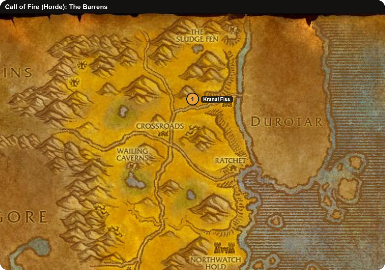 Karte des Brachlands mit Kranal Fiss für die Horde-Quest Ruf des Feuers in WoW Forever