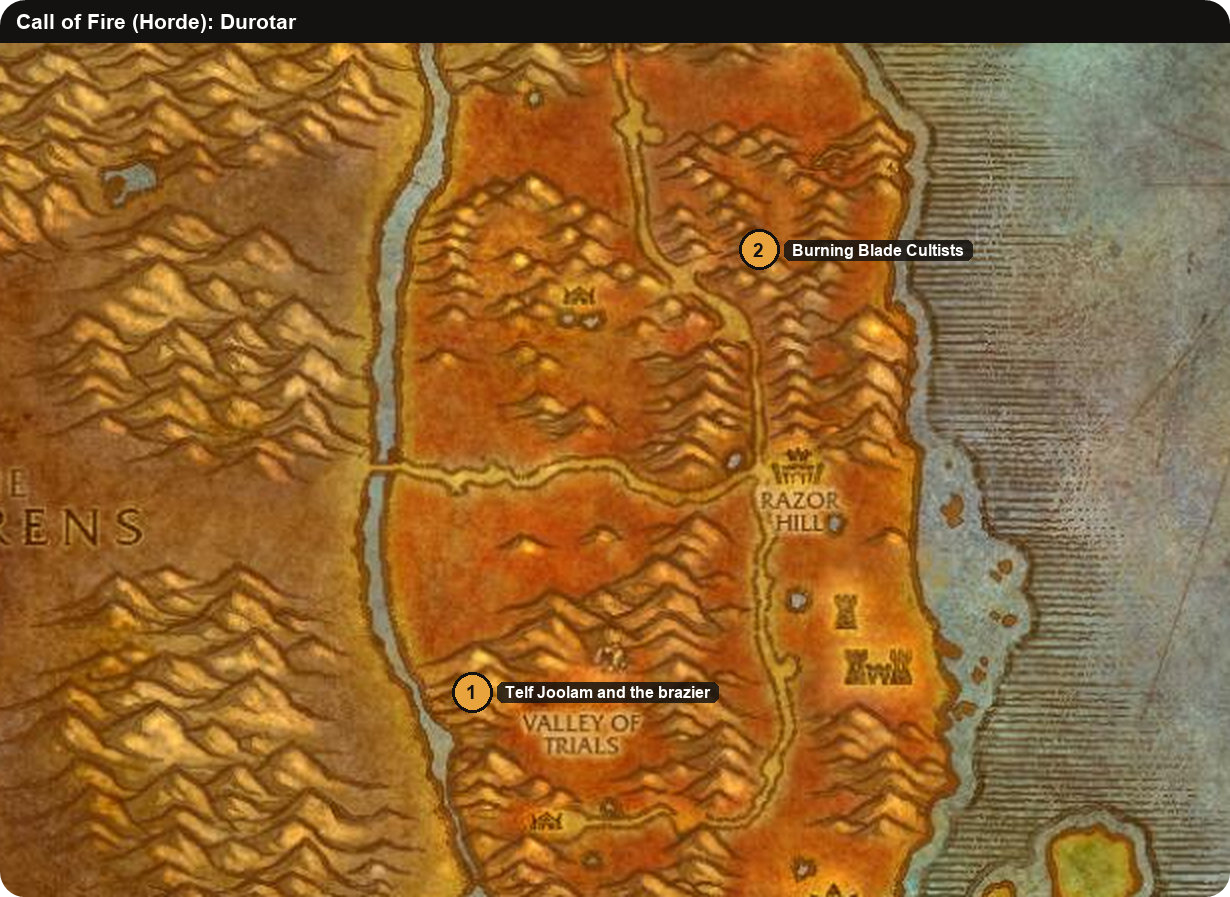 Karte von Durotar mit Telf Joolam und den Kultisten der Burning Blade für die Horde-Quest Ruf des Feuers