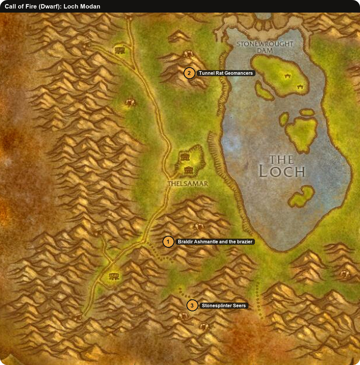 Karte von Loch Modan mit Braldir Ashmantle, Geomanten der Tunnelratten und Sehern der Splittersteintroggs für die Zwergen-Quest Ruf des Feuers