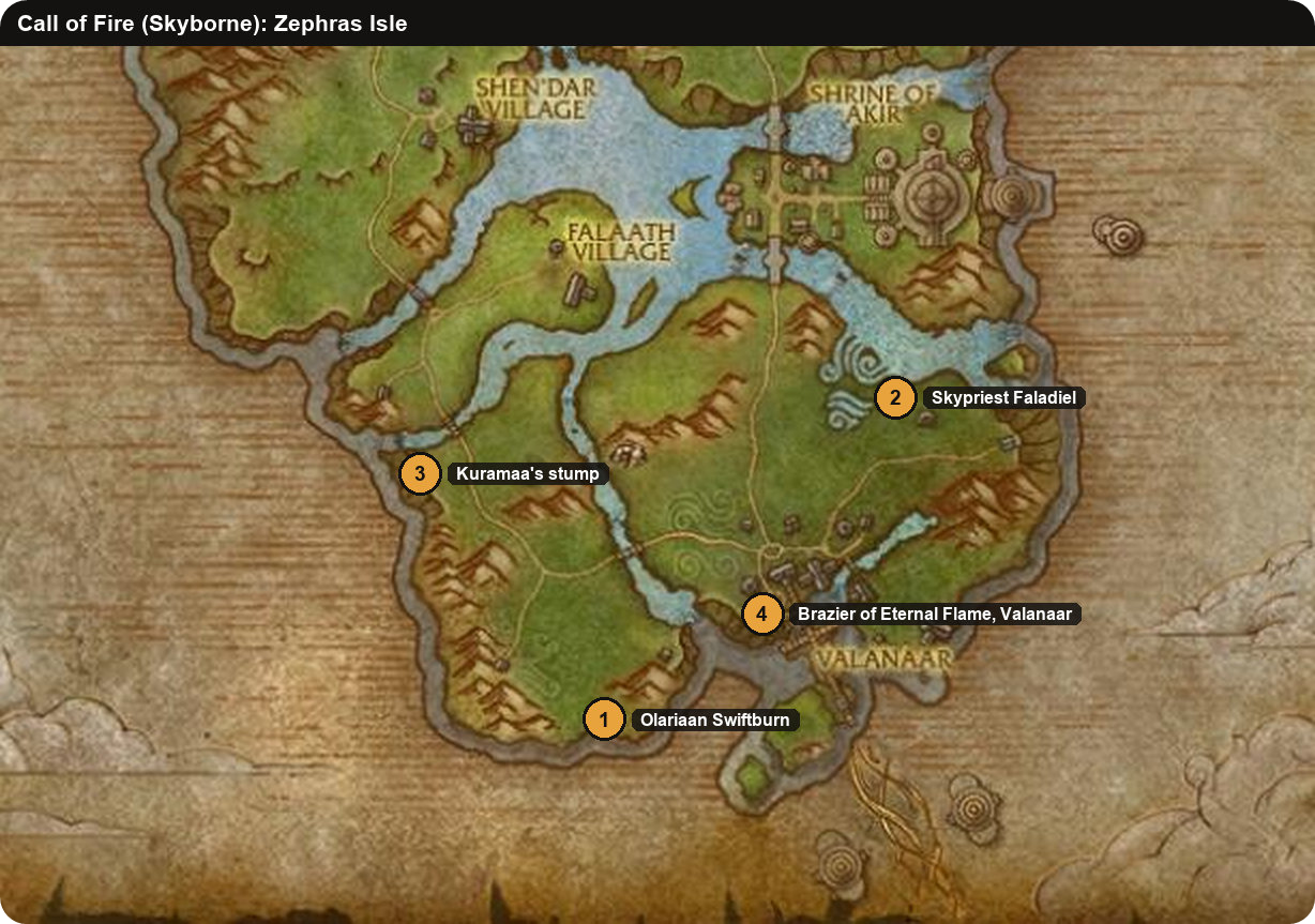 Karte der Insel Zephras für die Quest Ruf des Feuers der Himmelsgeborenen in WoW Forever