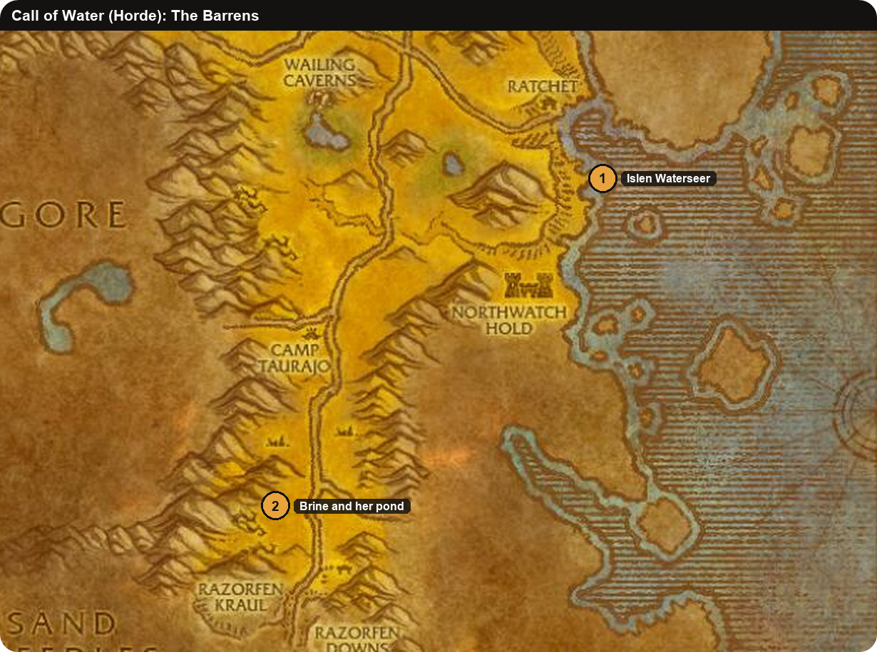 Karte des Brachlands mit Islen Waterseer und Brine für die Horde-Quest Ruf des Wassers in WoW Forever