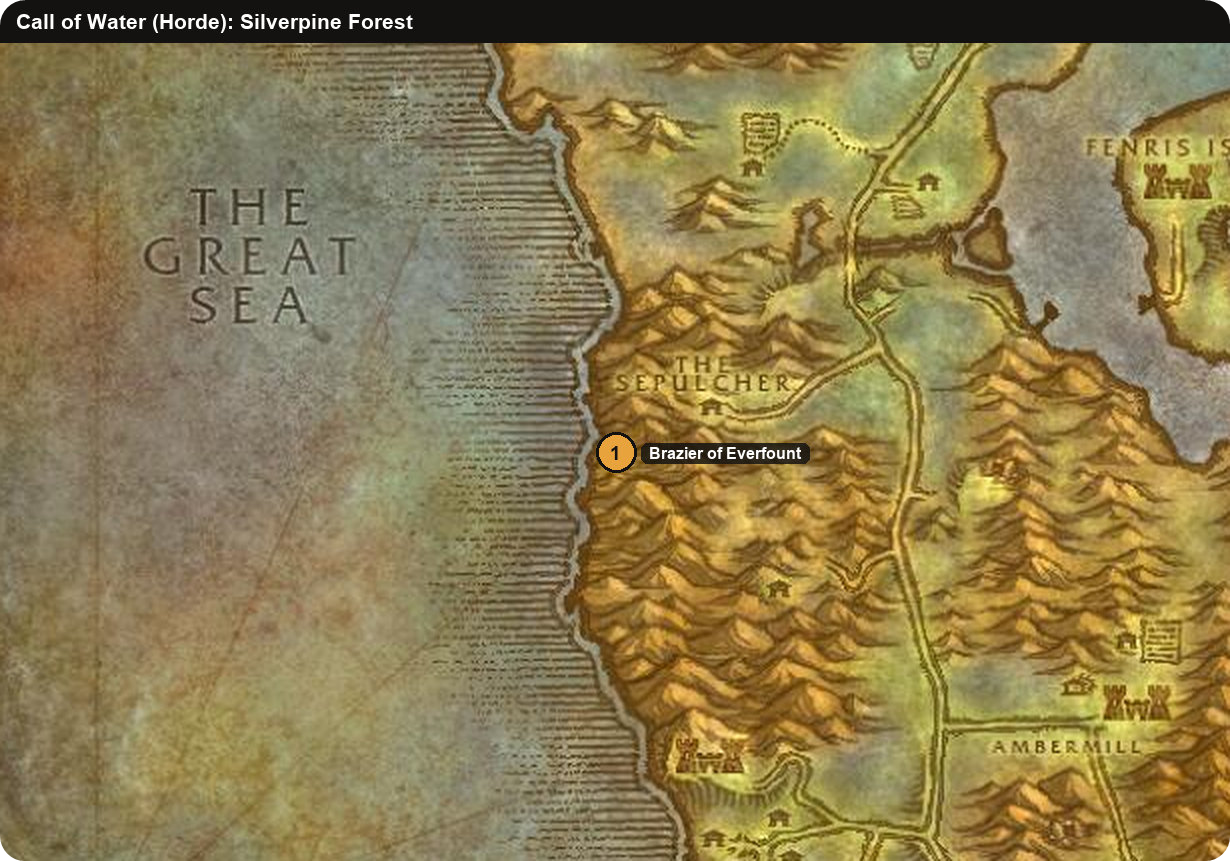 Karte des Silberwalds mit der Kohlenpfanne von Everfount für die Horde-Quest Ruf des Wassers