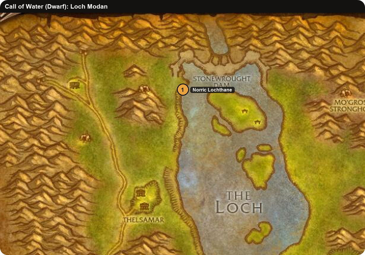 Karte von Loch Modan mit Norric Lochthane für die Zwergen-Quest Ruf des Wassers in WoW Forever
