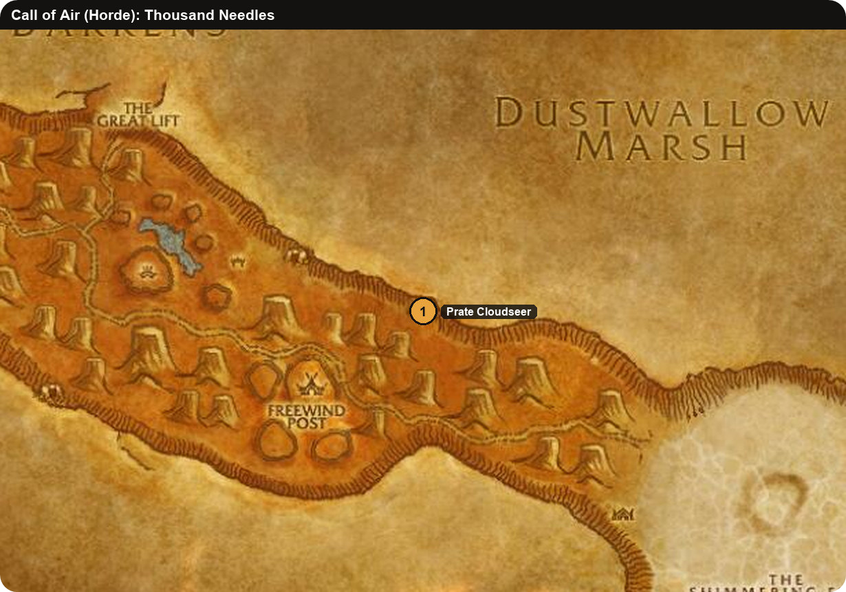 Karte von Tausend Nadeln mit Prate Cloudseer für die Horde-Quest Ruf der Luft in WoW Forever