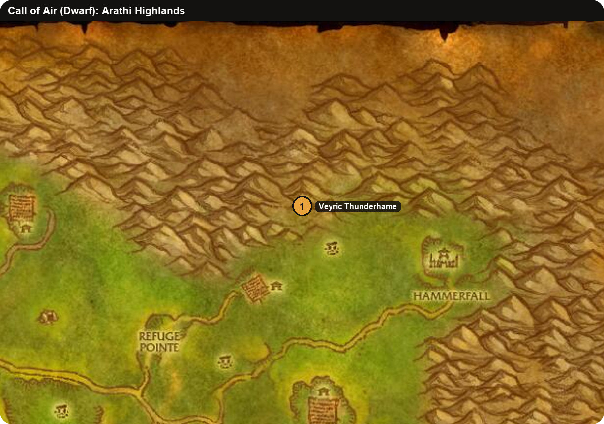 Karte des Arathihochlands mit Veyric Thunderhame für die Zwergen-Quest Ruf der Luft in WoW Forever