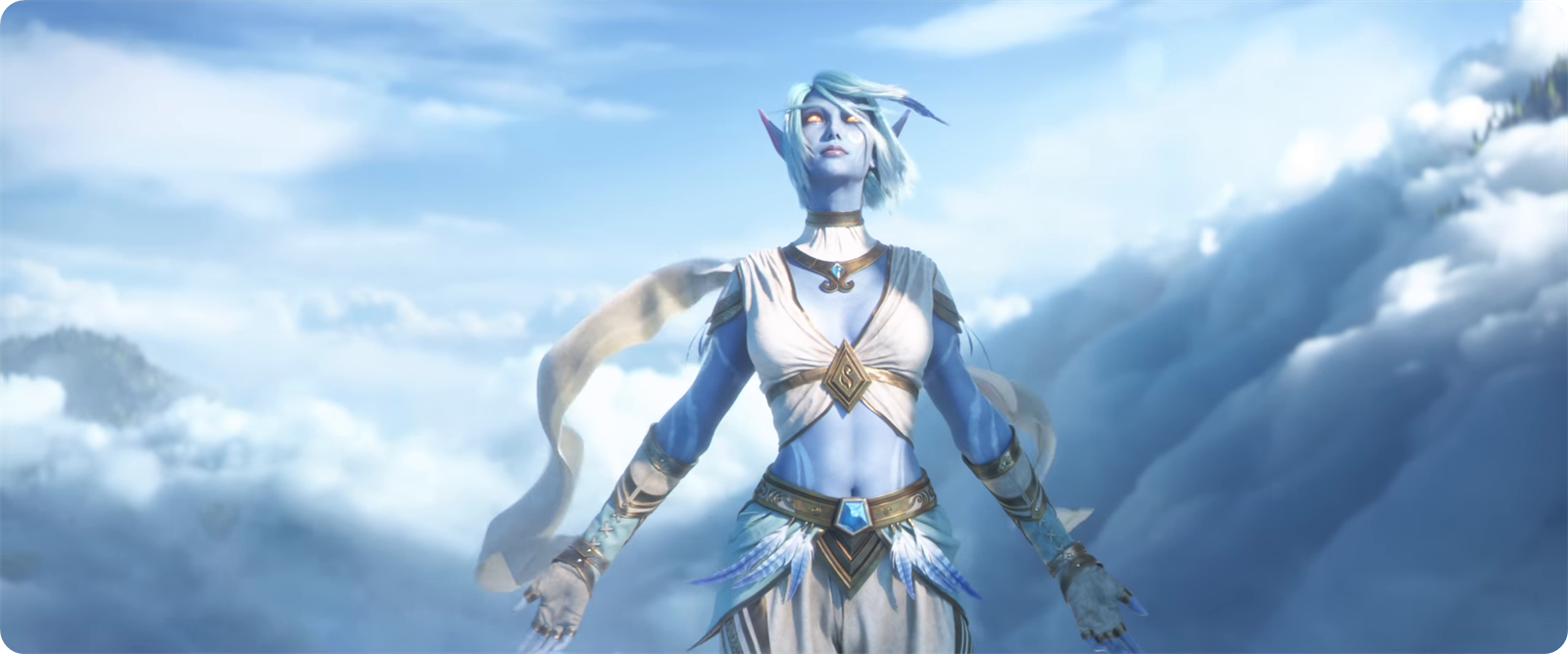 A Skyborne elf standing above the clouds in the WoW Forever cinematic