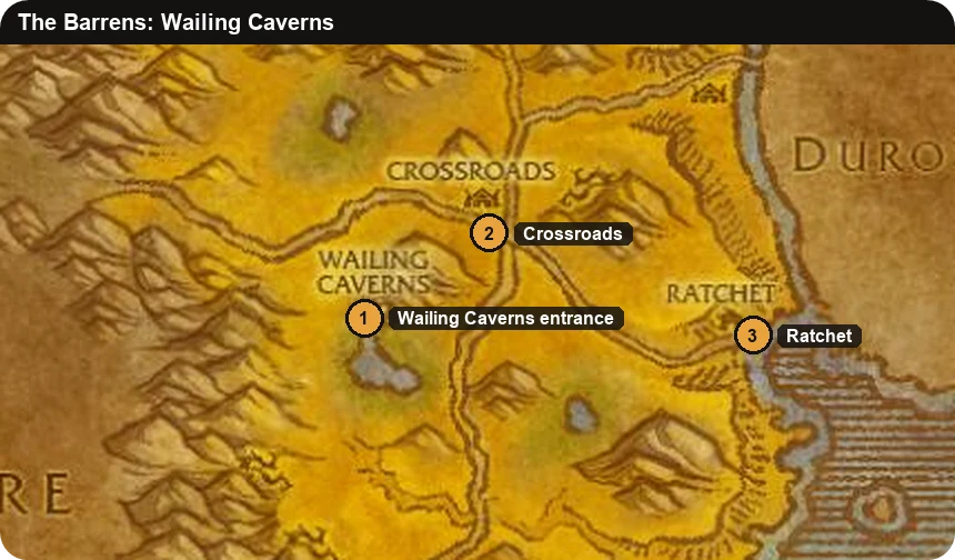 The Barrens map with the Wailing Caverns entrance, the Crossroads and Ratchet