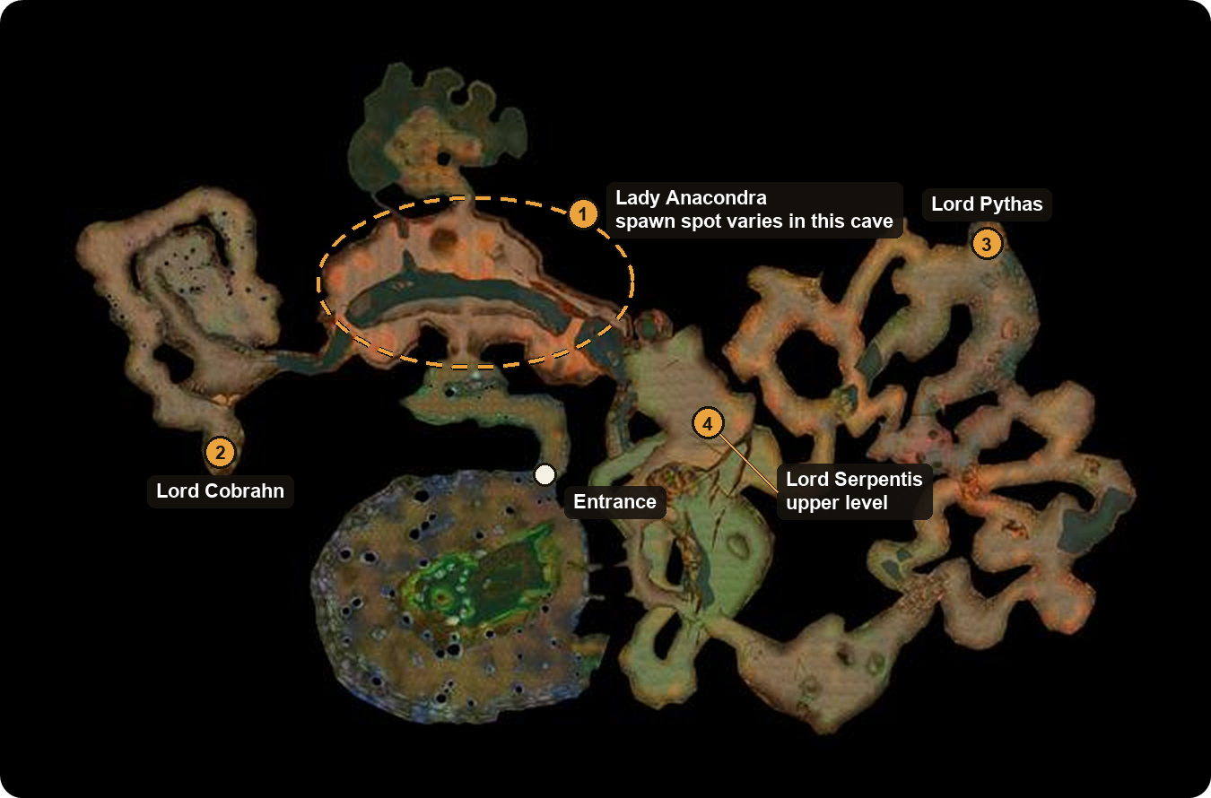 Wailing Caverns map with Lord Cobrahn, Lord Pythas, Lord Serpentis, the cave where Lady Anacondra spawns and the entrance in WoW Forever