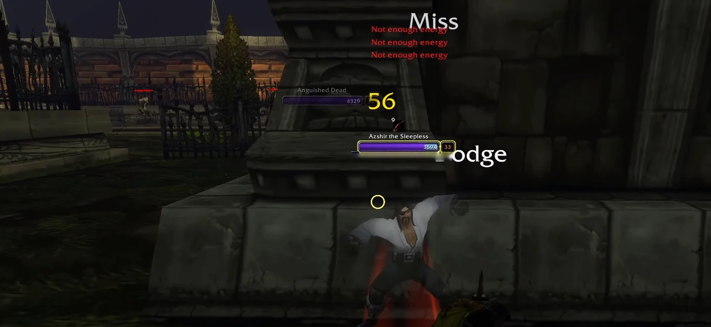Azshir the Sleepless fighting a Rogue next to a mausoleum in the Scarlet Monastery Graveyard