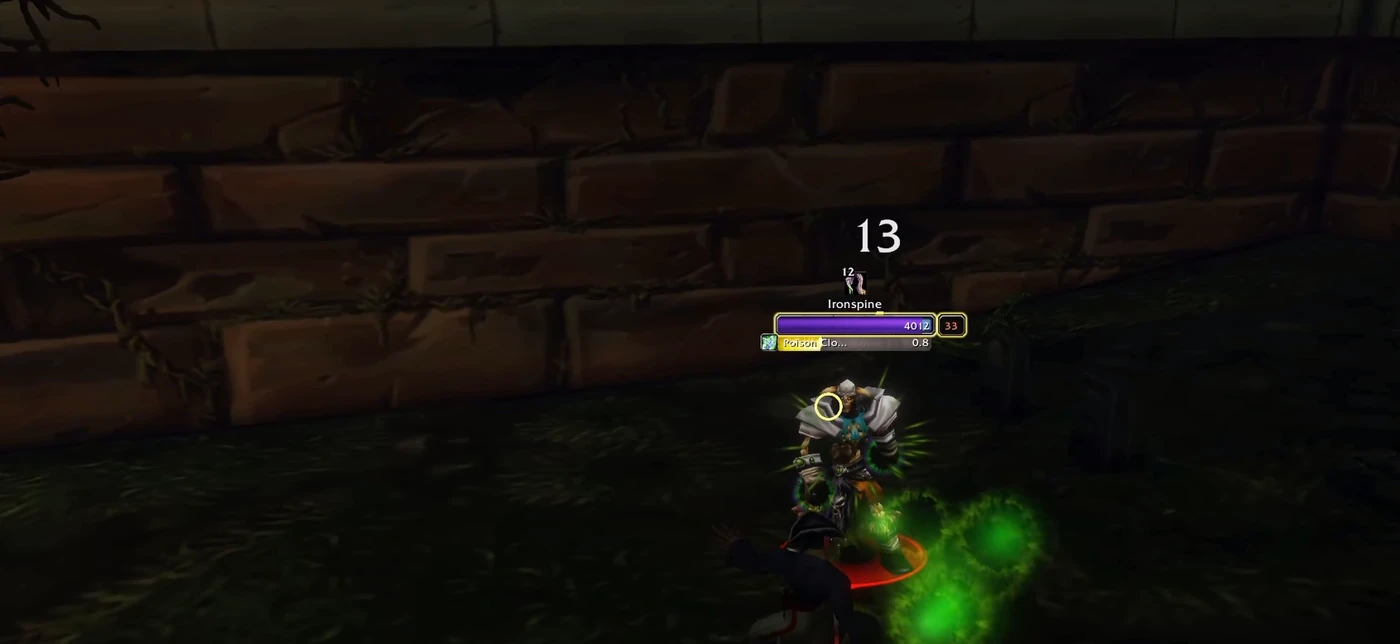 Ironspine casting Poison Cloud on a Rogue in the Scarlet Monastery Graveyard