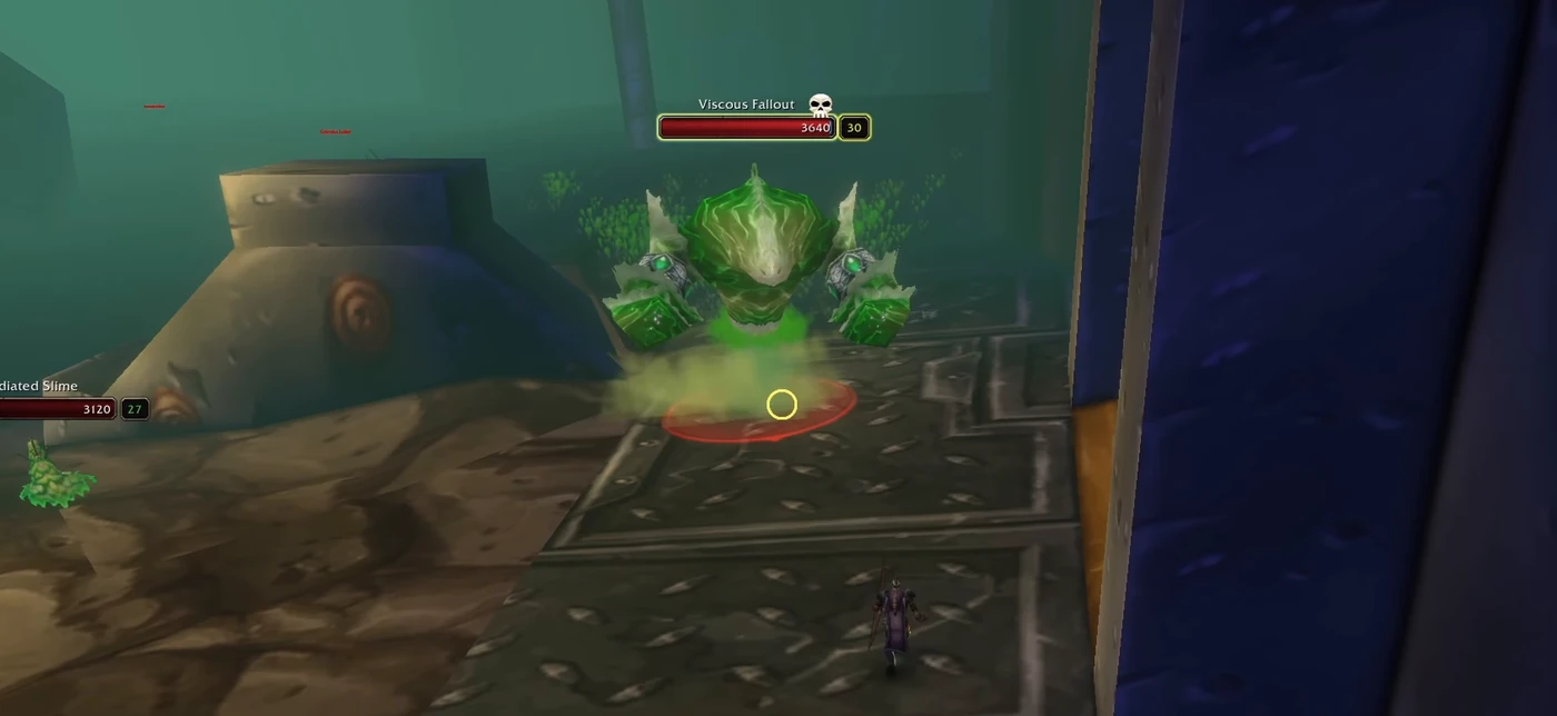 Viscous Fallout, a green elemental boss, walking toward a Rogue in Gnomeregan