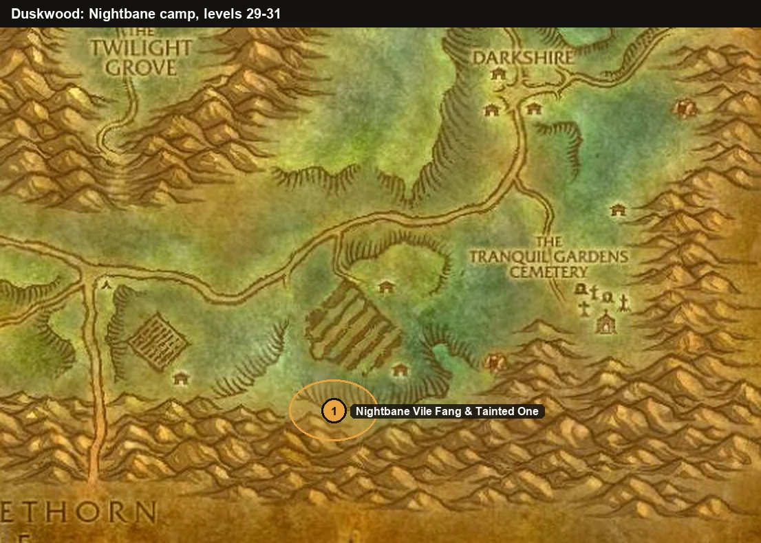 WoW Forever Duskwood map with the Nightbane Vile Fang and Tainted One camp south-west of the Rotting Orchard