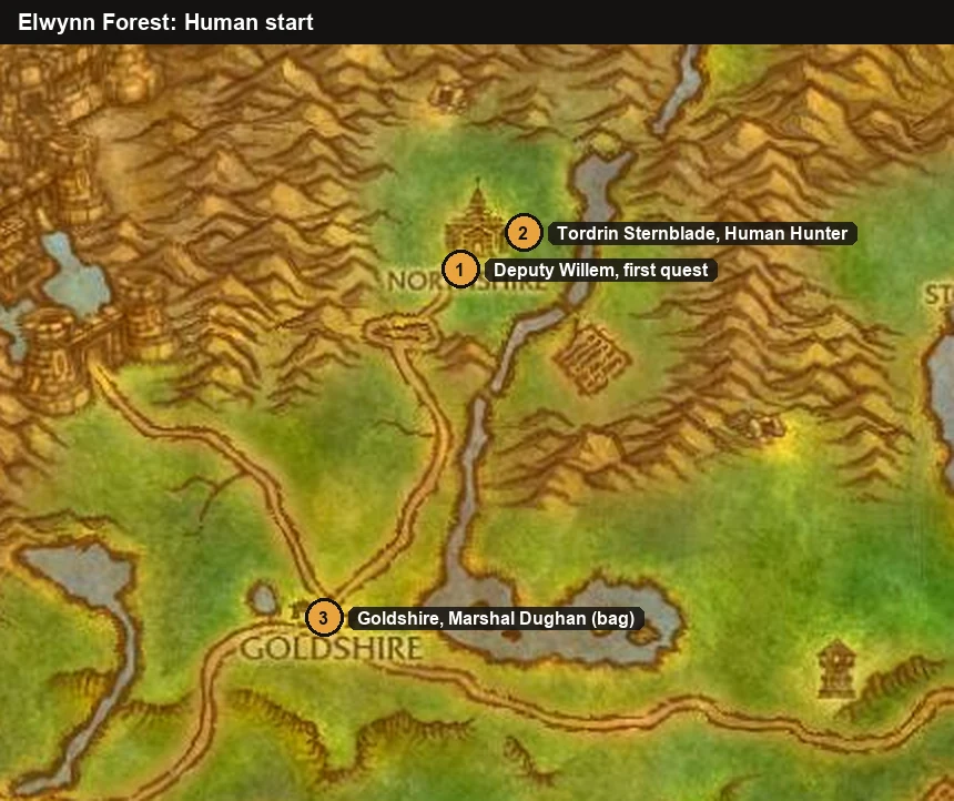 Carte de la forêt d'Elwynn avec la première quête des humains, le maître des chasseurs humains et Comté-de-l'Or