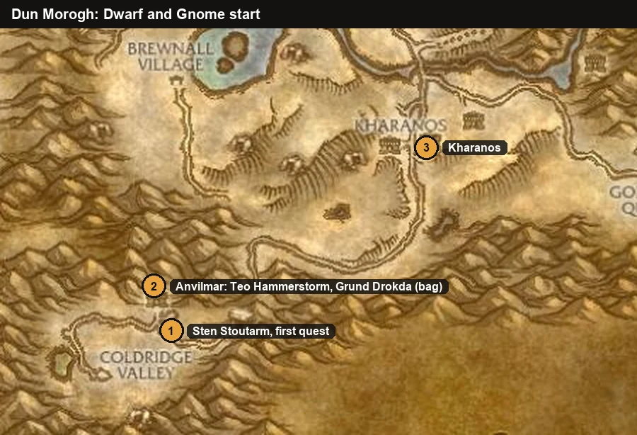 Carte de Dun Morogh avec la vallée de Frigrecrête, Anvilmar et Kharanos