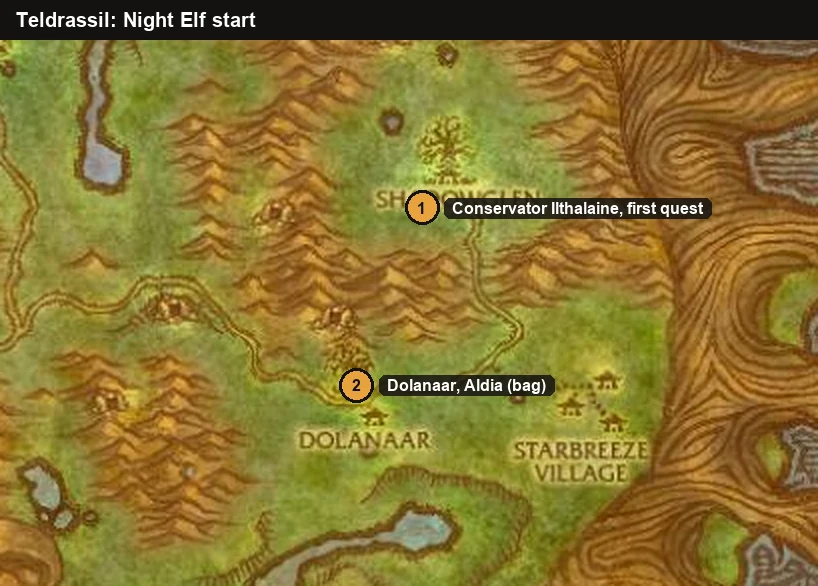 Carte de Teldrassil avec Sombrevallon et Dolanaar