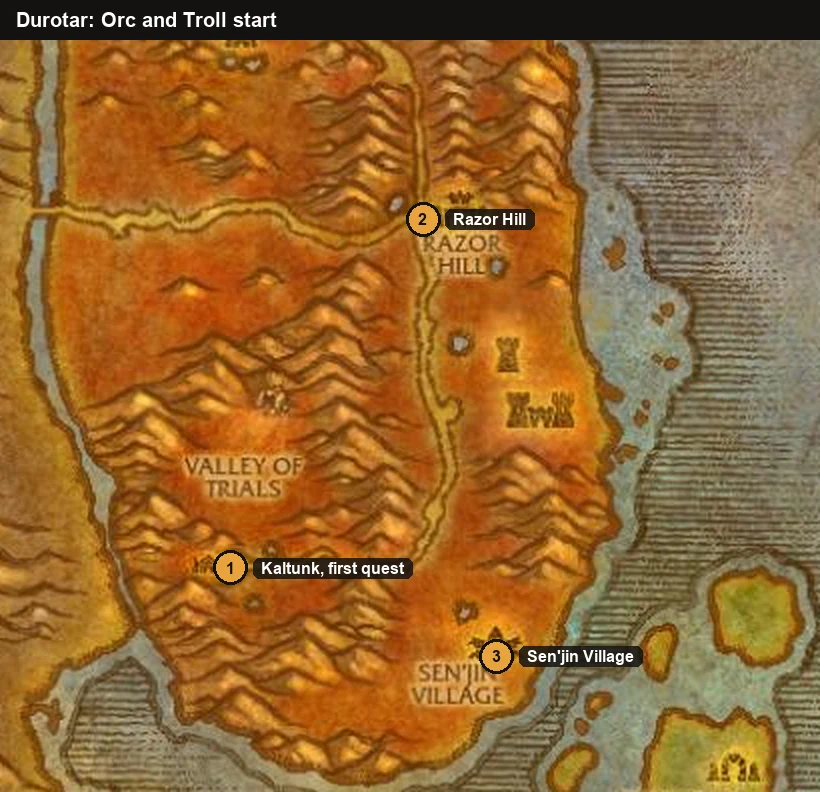 Carte de Durotar avec la Vallée des Épreuves, Tranchecolline et le village de Sen'jin
