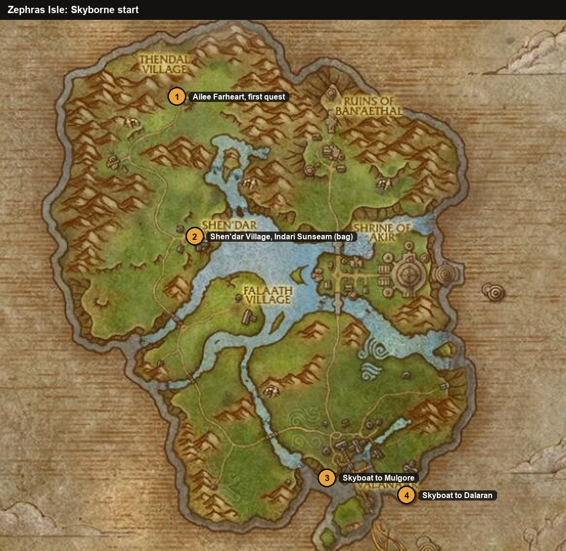 Carte de l'île de Zéphras avec Thendal Village, Shen'dar Village et les quais des dirigeables de Valanaar