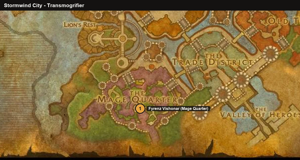 WoW Forever Stormwind map with the Fyrenz Vishonar transmogrifier location in the Mage Quarter