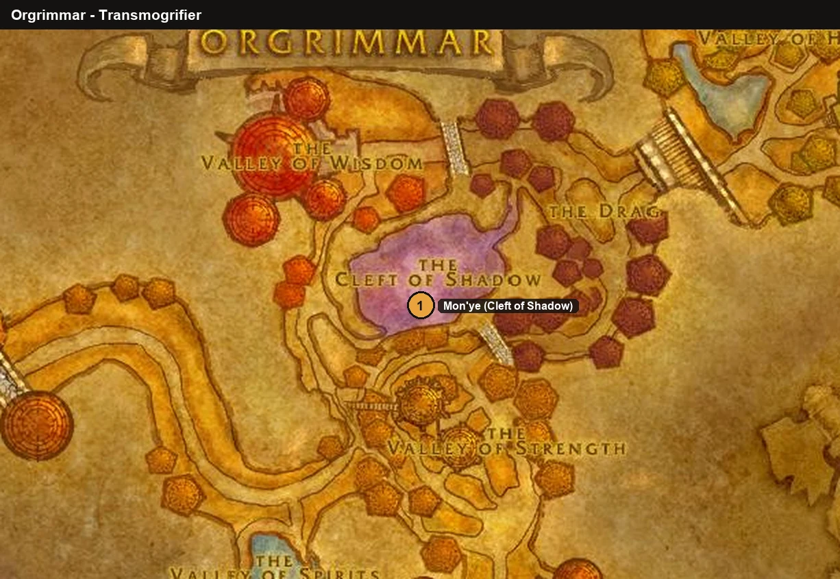 WoW Forever Orgrimmar map with the Mon'ye transmogrifier location in the Cleft of Shadow