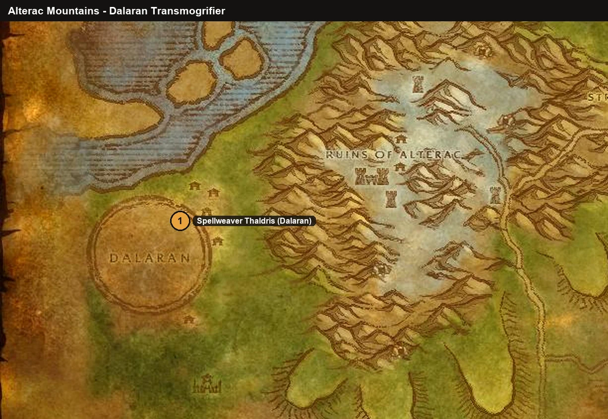 WoW Forever Alterac Mountains map with the Spellweaver Thaldris transmogrifier location in Dalaran