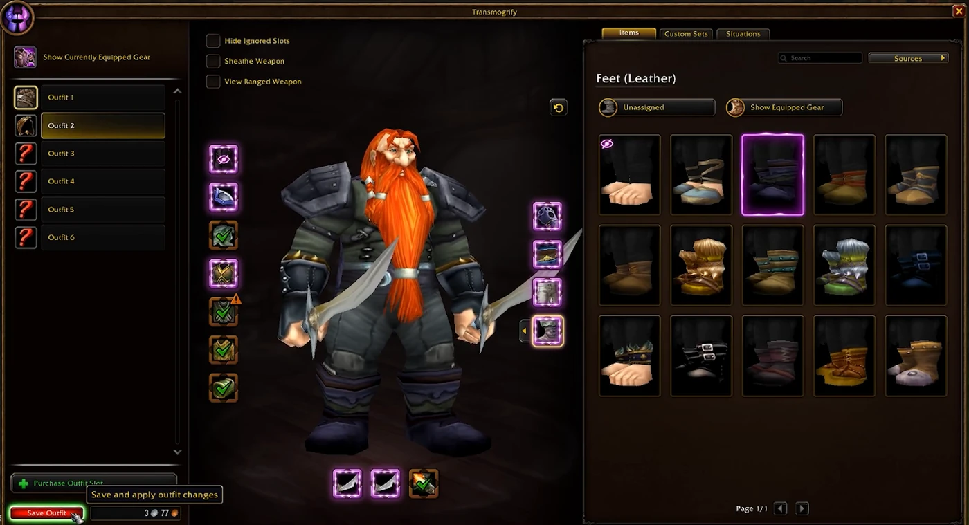 WoW Forever Transmogrify window with outfit slots, hidden slots and the Items tab