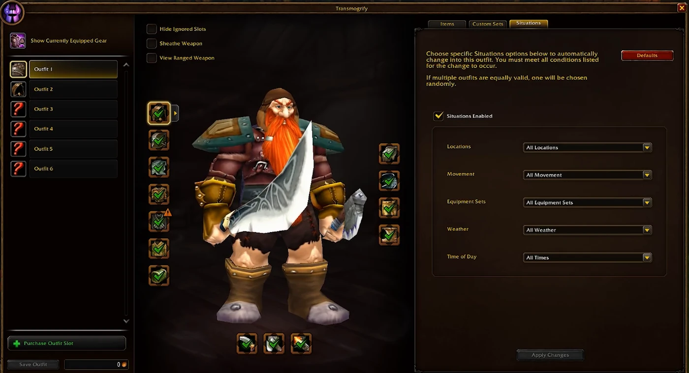WoW Forever transmog Situations tab with Locations, Movement, Equipment Sets, Weather and Time of Day
