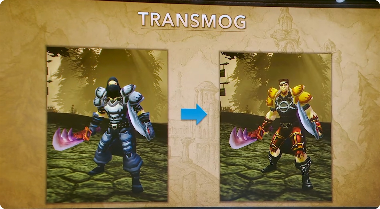 Before and after transmog comparison from the WoW Forever panel