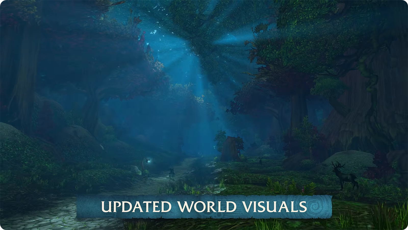 Light rays through a forest in the updated WoW Forever world visuals