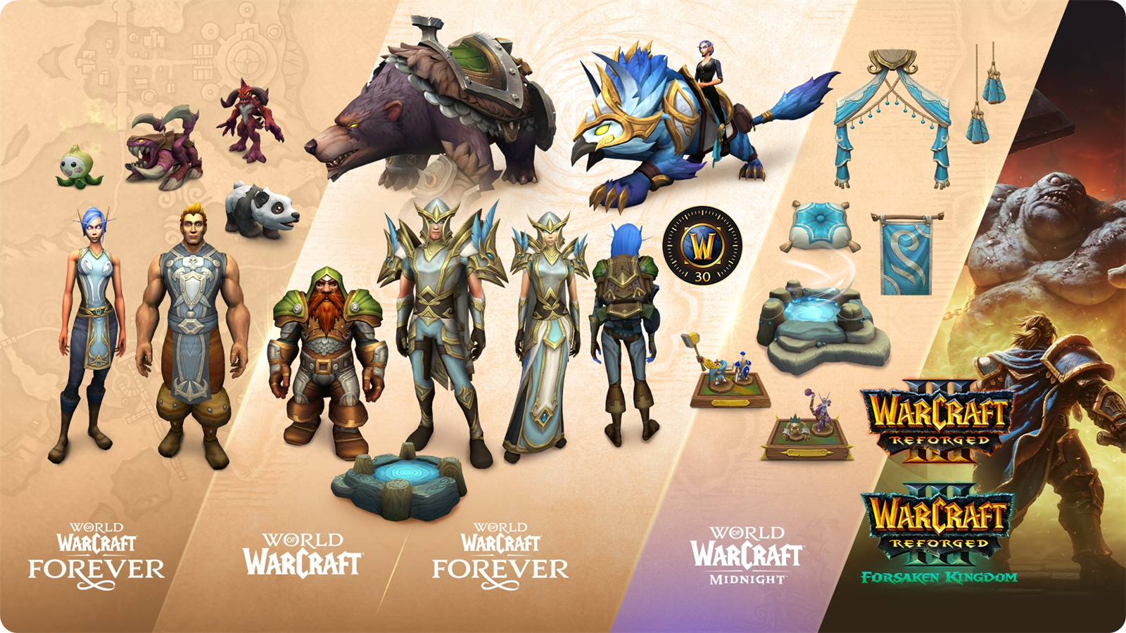 Warcraft Forever Collection rewards with mounts, transmog sets, pets, tabards and decor