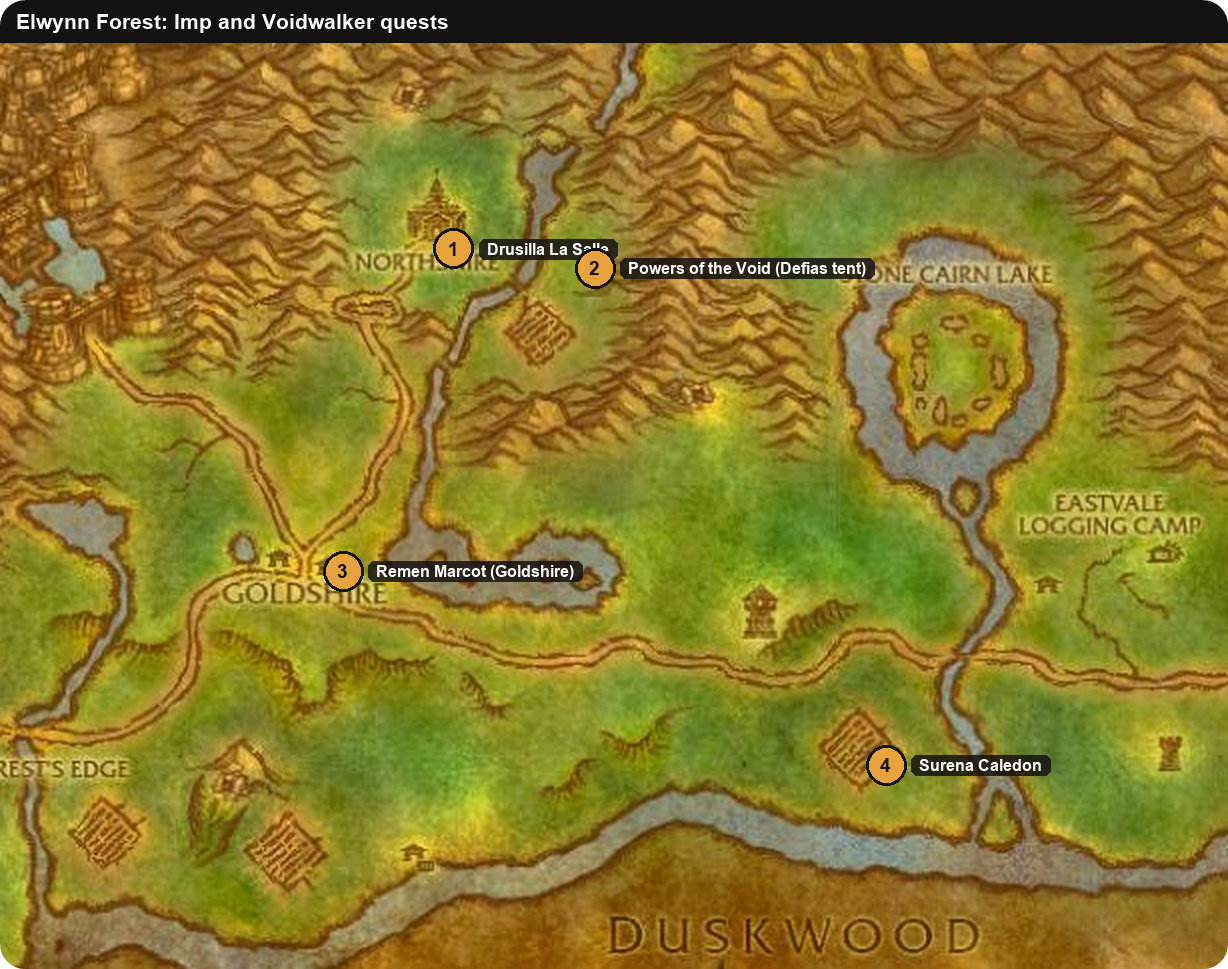 Elwynn Forest map of the Warlock Imp and Voidwalker quests in WoW Forever