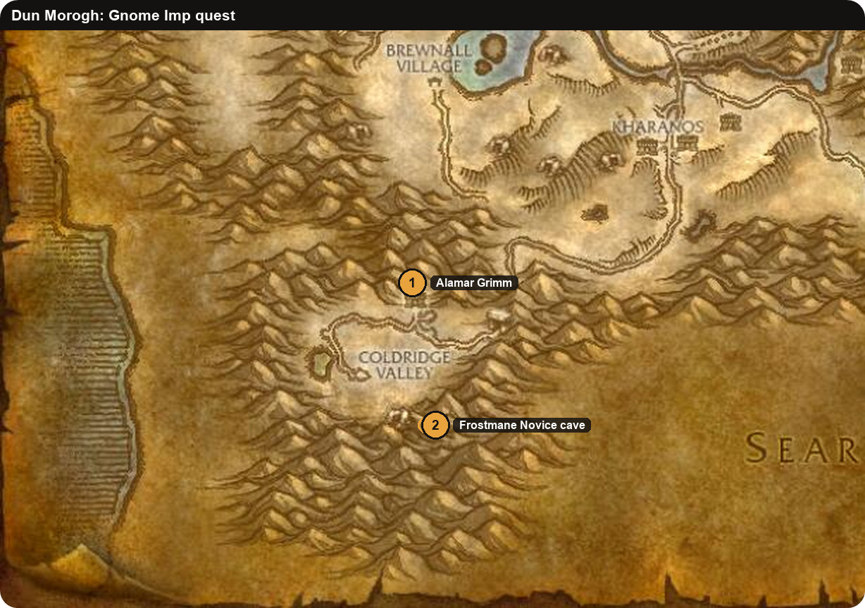 Dun Morogh map of the Gnome Warlock Imp quest with Alamar Grimm and the Frostmane Novice cave
